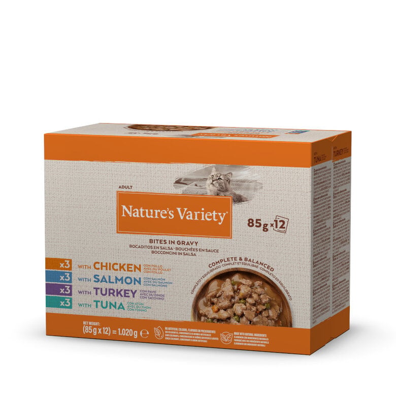 24 sobres x 85 g Nature's Variety Bocaditos de Pavo, Atún, Pollo y Salmón Sobre en Salsa para gatos ¡Pack ahorro!
